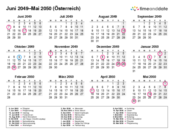 Kalender für 2049 in Österreich