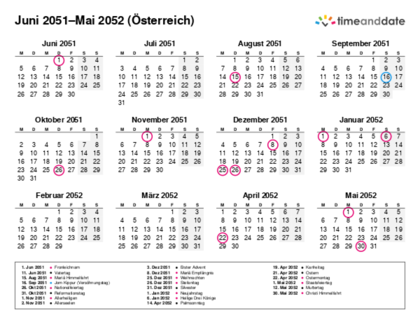 Kalender für 2051 in Österreich