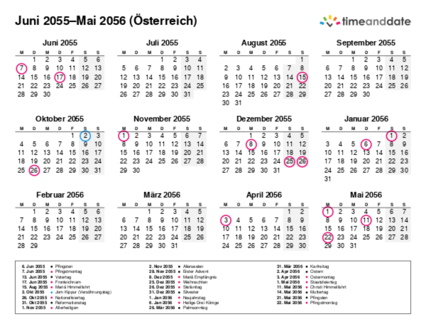 Kalender für 2055 in Österreich