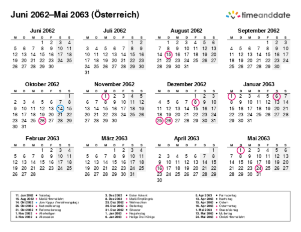Kalender für 2062 in Österreich