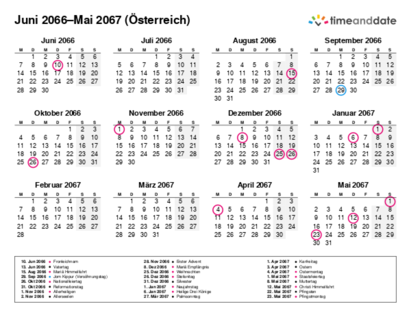Kalender für 2066 in Österreich
