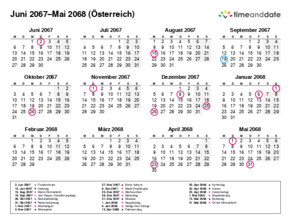 Kalender für 2067 in Österreich