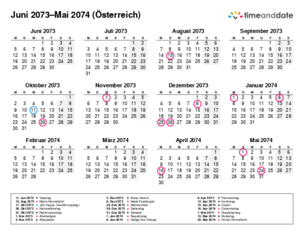 Kalender für 2073 in Österreich
