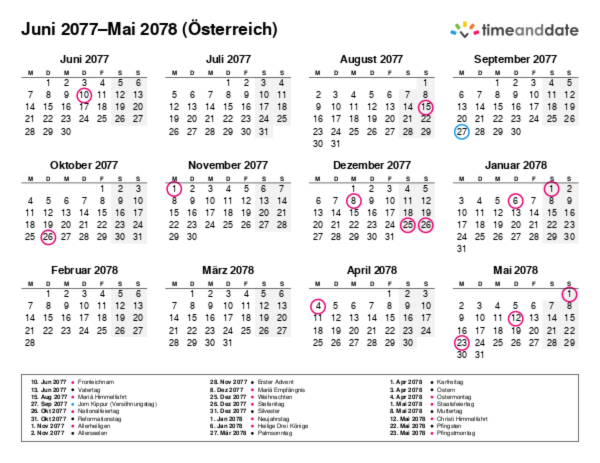 Kalender für 2077 in Österreich