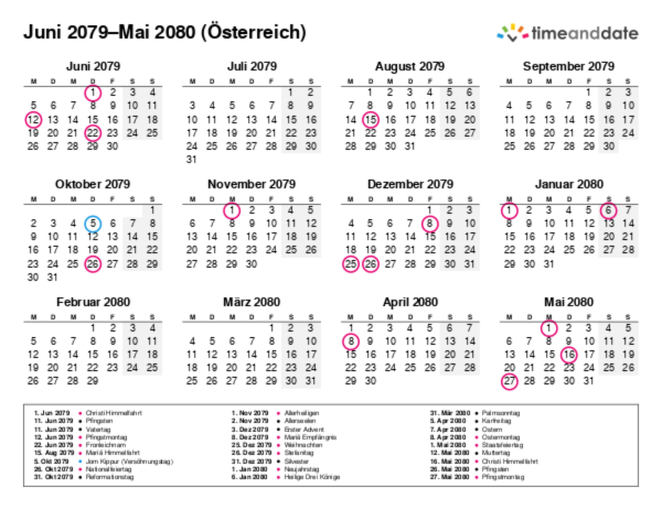 Kalender für 2079 in Österreich