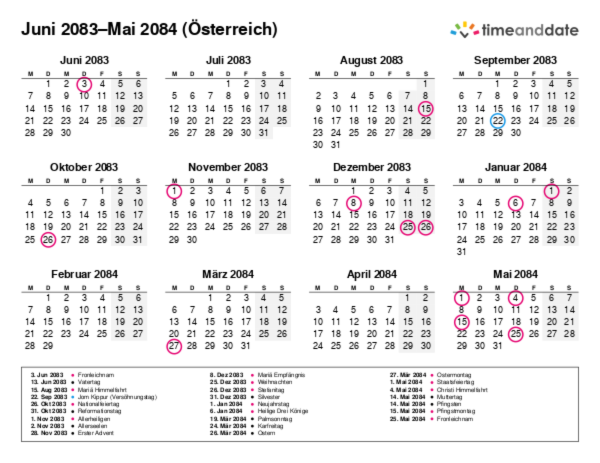 Kalender für 2083 in Österreich
