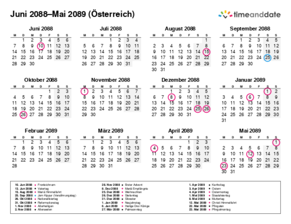 Kalender für 2088 in Österreich
