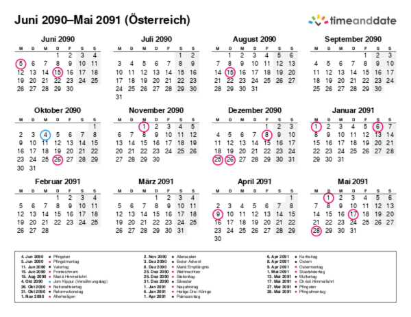 Kalender für 2090 in Österreich