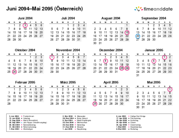 Kalender für 2094 in Österreich