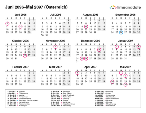 Kalender für 2096 in Österreich