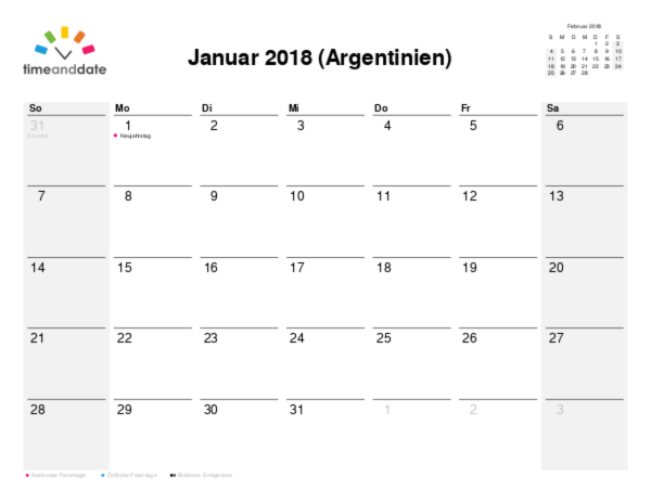 Kalender für 2018 in Argentinien