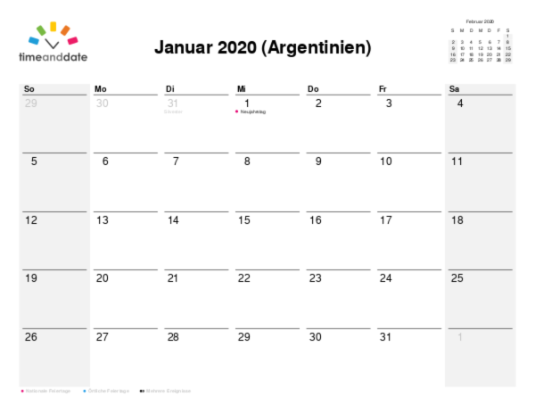 Kalender für 2020 in Argentinien