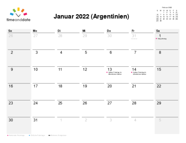 Kalender für 2022 in Argentinien