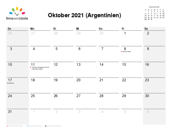 Kalender für 2021 in Argentinien