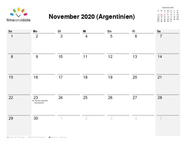 Kalender für 2020 in Argentinien
