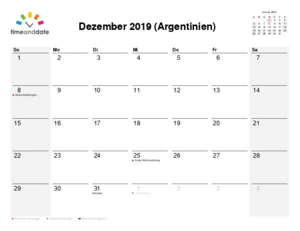 Kalender für 2019 in Argentinien
