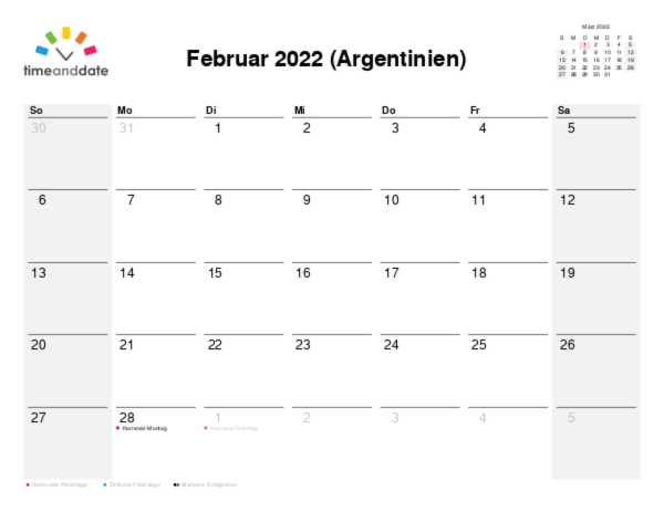 Kalender für 2022 in Argentinien