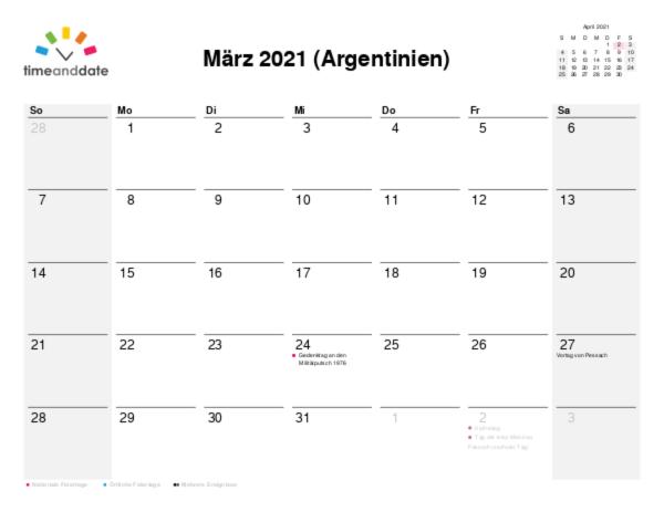 Kalender für 2021 in Argentinien