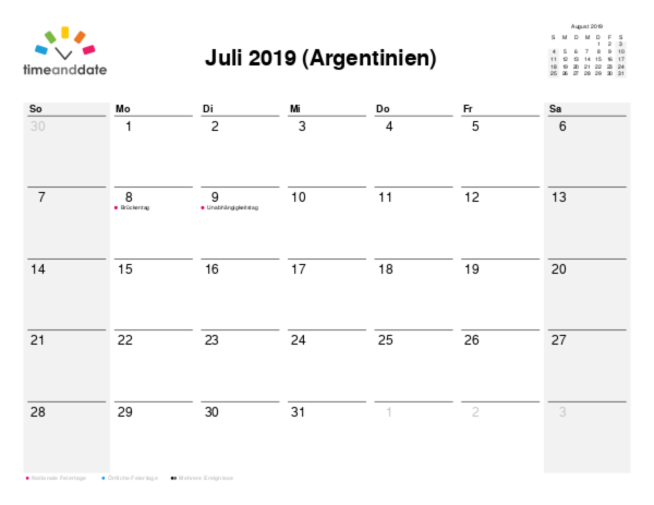 Kalender für 2019 in Argentinien