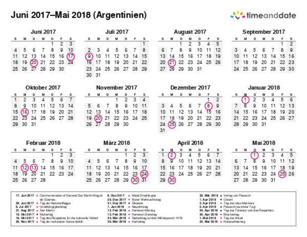 Kalender für 2017 in Argentinien