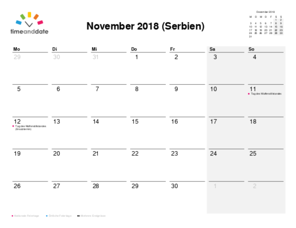 Kalender für 2018 in Serbien