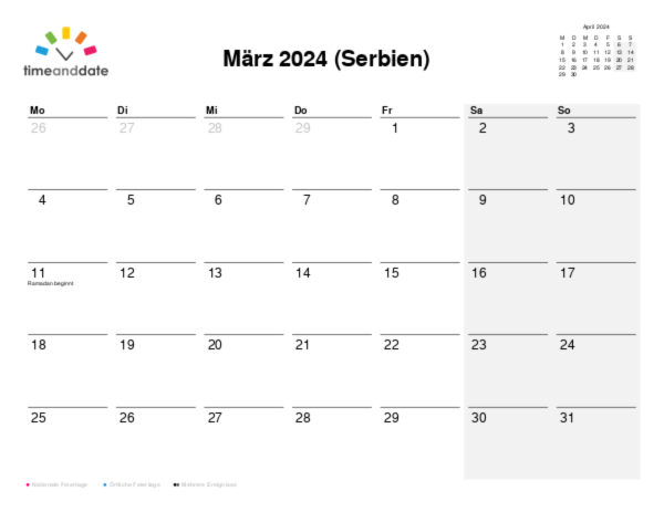Kalender für 2024 in Serbien