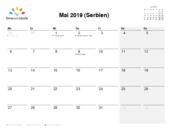 Kalender für 2019 in Serbien