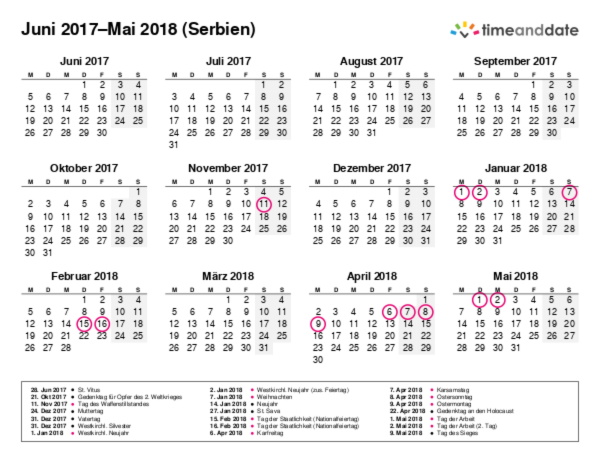 Kalender für 2017 in Serbien