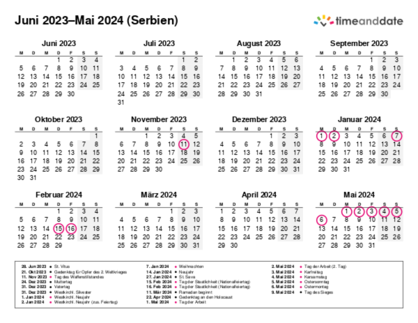 Kalender für 2023 in Serbien