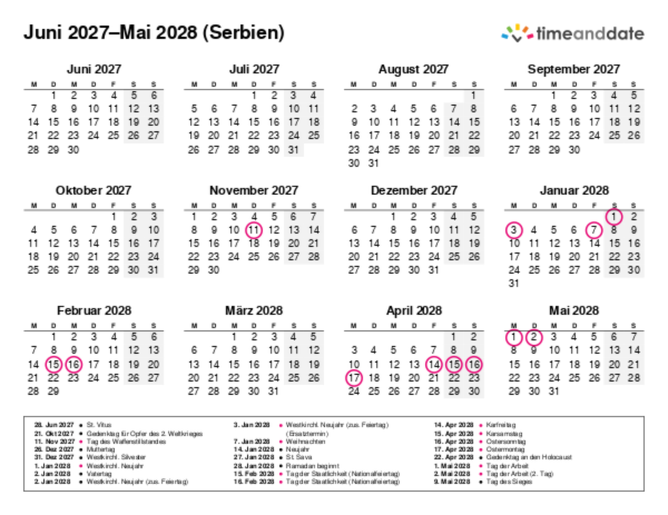 Kalender für 2027 in Serbien