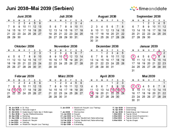 Kalender für 2038 in Serbien