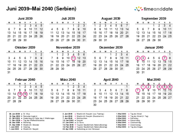 Kalender für 2039 in Serbien