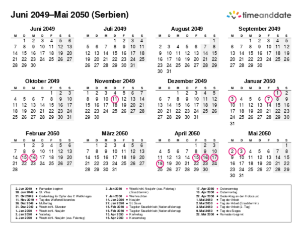 Kalender für 2049 in Serbien