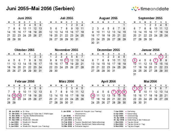 Kalender für 2055 in Serbien