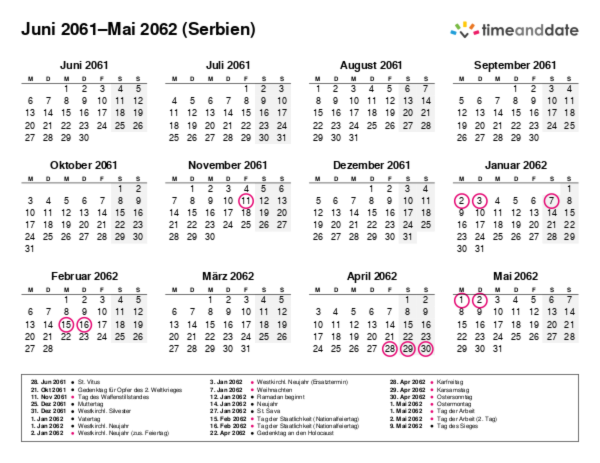 Kalender für 2061 in Serbien