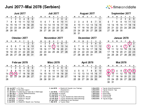 Kalender für 2077 in Serbien