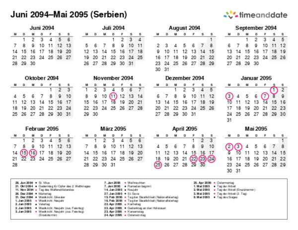 Kalender für 2094 in Serbien