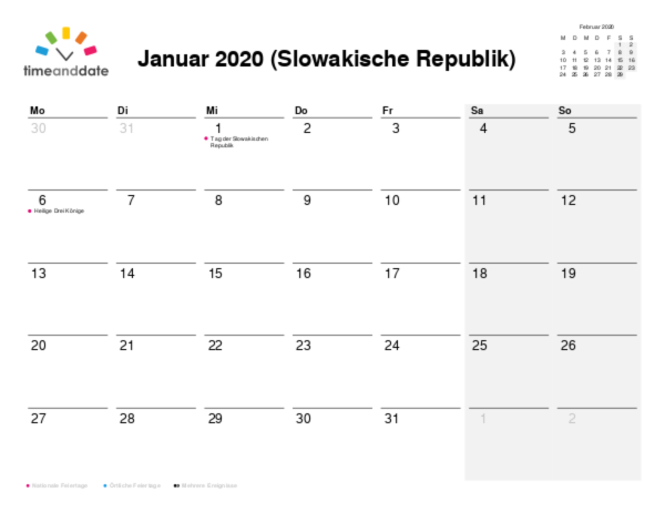 Kalender für 2020 in Slowakische Republik