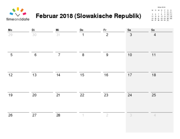 Kalender für 2018 in Slowakische Republik