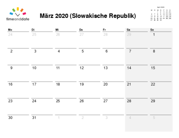Kalender für 2020 in Slowakische Republik