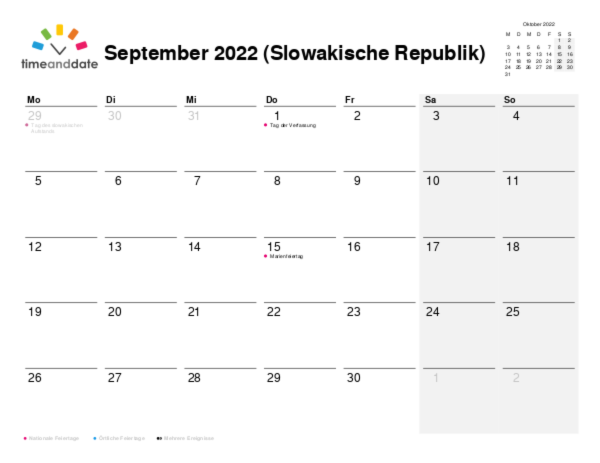 Kalender für 2022 in Slowakische Republik