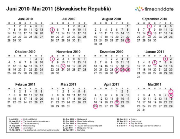 Kalender für 2010 in Slowakische Republik