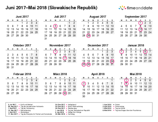Kalender für 2017 in Slowakische Republik