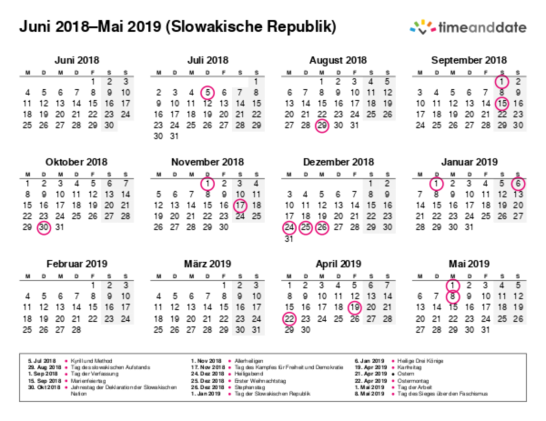 Kalender für 2018 in Slowakische Republik