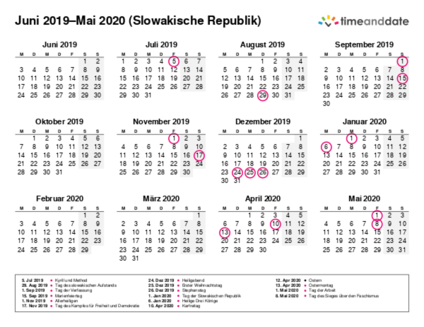 Kalender für 2019 in Slowakische Republik