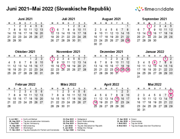 Kalender für 2021 in Slowakische Republik