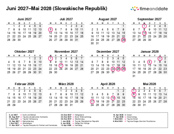 Kalender für 2027 in Slowakische Republik