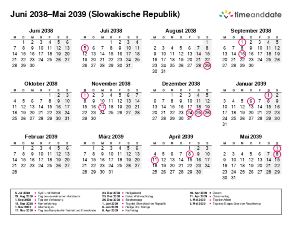 Kalender für 2038 in Slowakische Republik