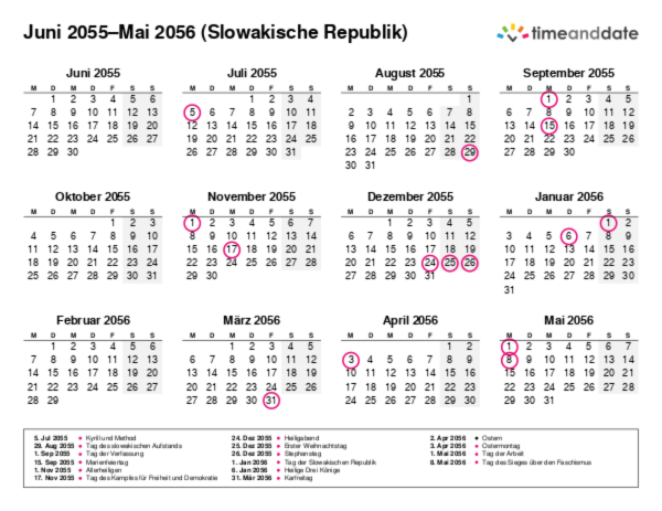 Kalender für 2055 in Slowakische Republik