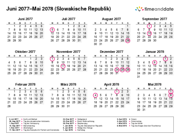 Kalender für 2077 in Slowakische Republik